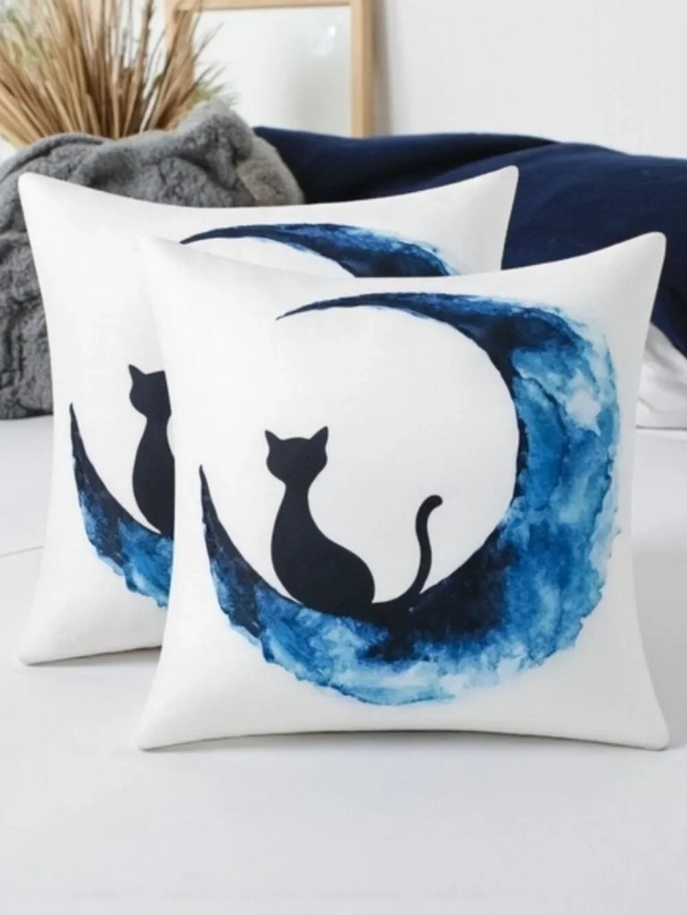 Set 2 Black Cat Blue Moon Watercolor Pillow Cushion Covers 18x18 Whimsigoth